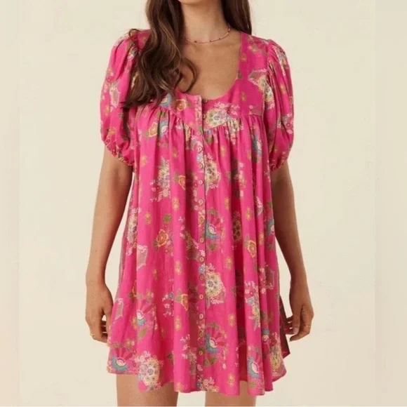 chinese dress ladies Hot Pink Black Circle Cotton Linen Tunic Dress main image 0